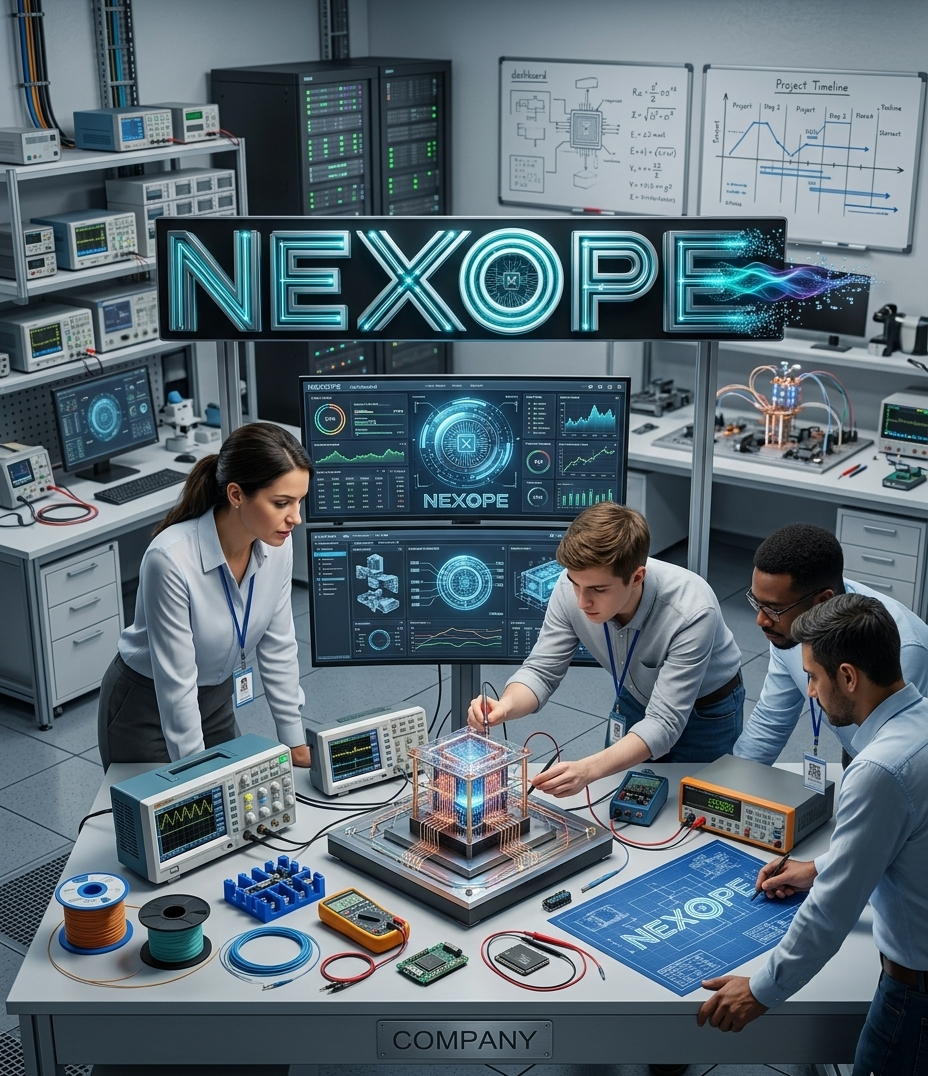 NEXOPE engineering team working on advanced electronics, dashboards, and applied research systems