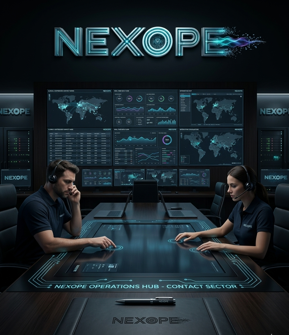 NEXOPE operations hub visual with live dashboards and collaboration environment