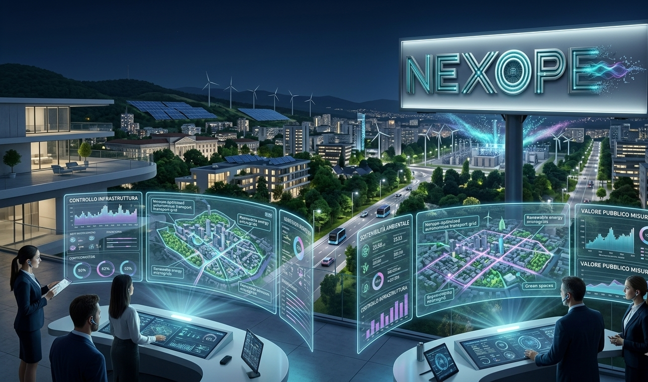 NEXOPE impact vision showing smart infrastructure, renewable energy, and digital public value dashboards