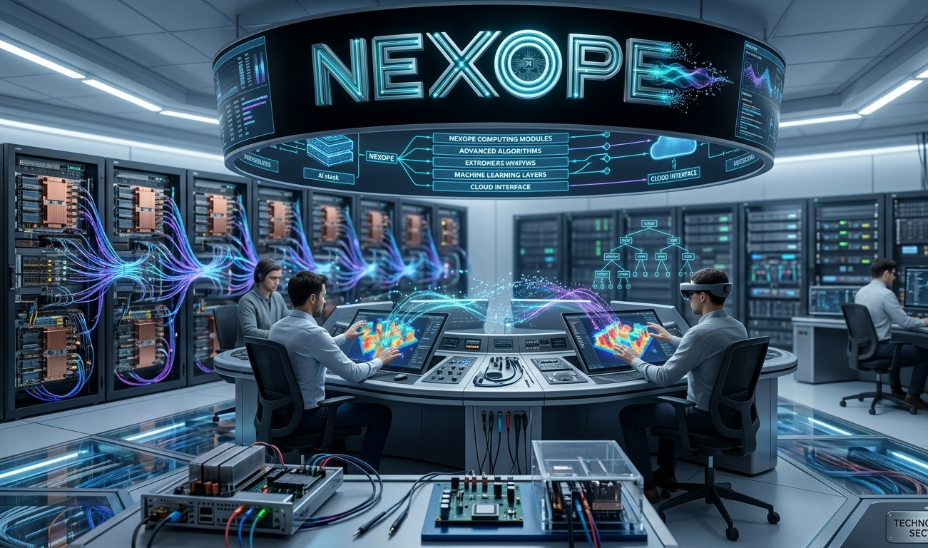 NEXOPE technology stack visual with advanced compute, AI workflows, dashboards, and spatial interfaces